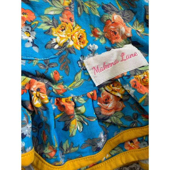 Makena Lane Girls Floral Romper Dress Size 2 Blue Orange Flowers Ruffle Pockets - Picture 2 of 5